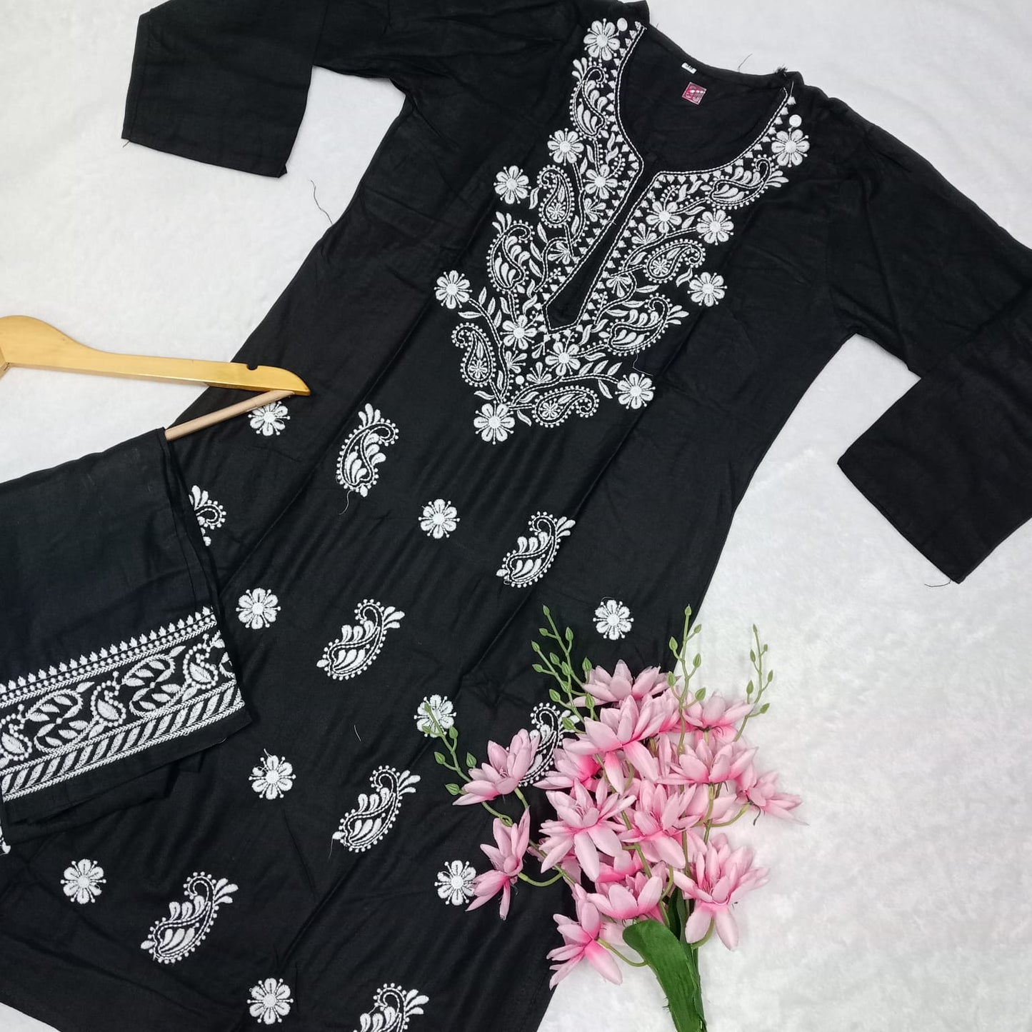 RAYON CHIKANKARI MACHINE WORK KURTI PLAZO SET-BLACK COLOUR - Chikankaar