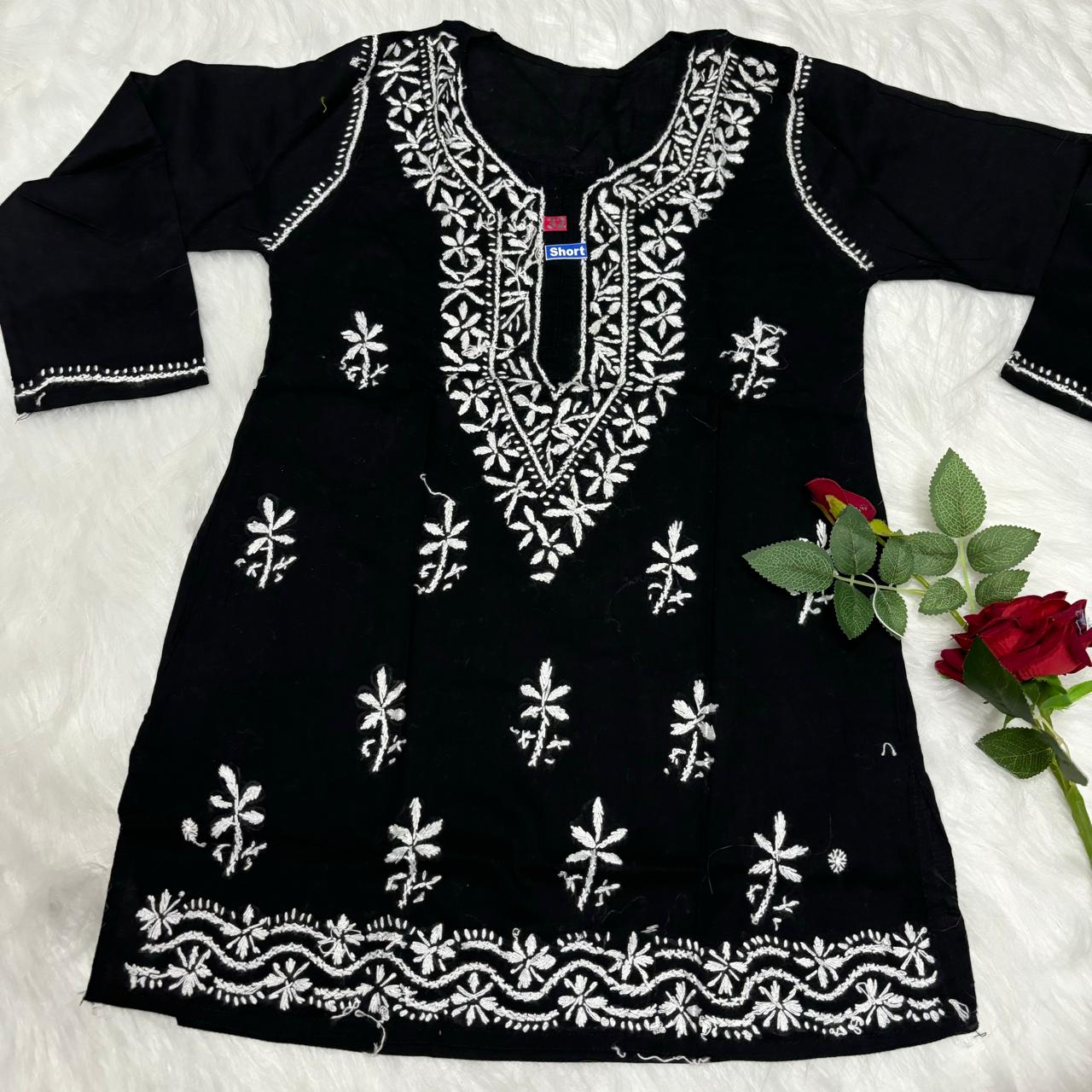 Ziya Pure Cotton Chikankari Short Top- Black Colour - Chikankaar