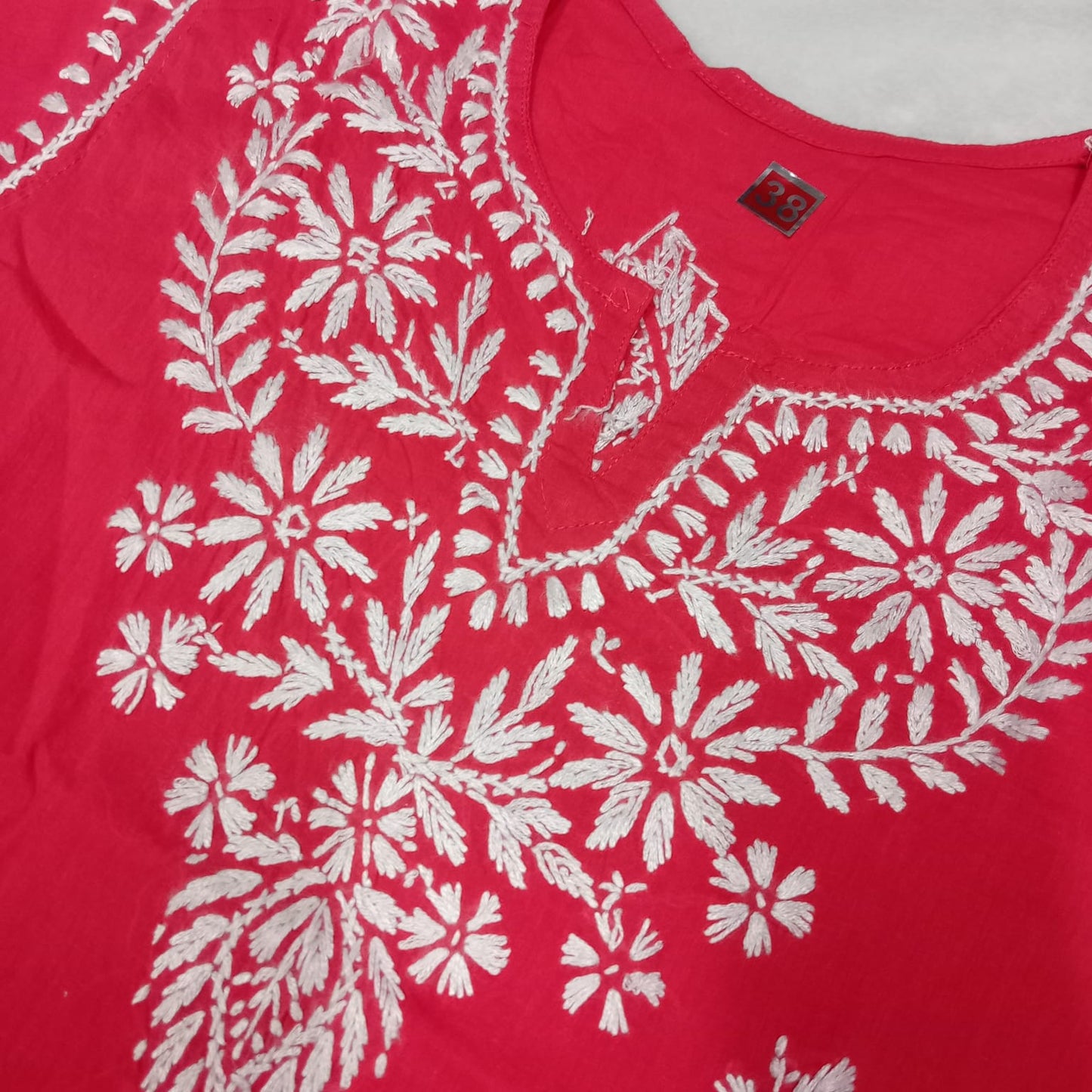 COTTON CHIKANKARI HANDWORK SHORT KURTI -GAZRI COLOUR - Chikankaar