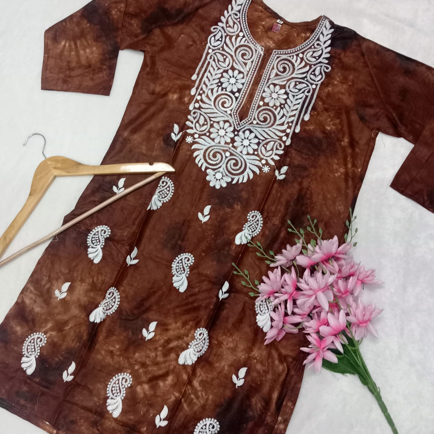 Rayon Tie & Dye Chikankari Machine Work Kurti -Brown Colour - Chikankaar