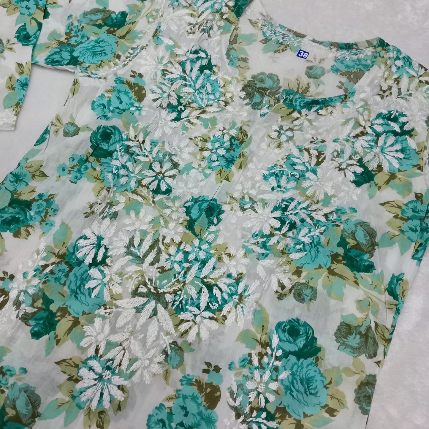Aisha Mulmul Floral Printed Chikankari Handwork Kurti- Sea Green Colour - Chikankaar