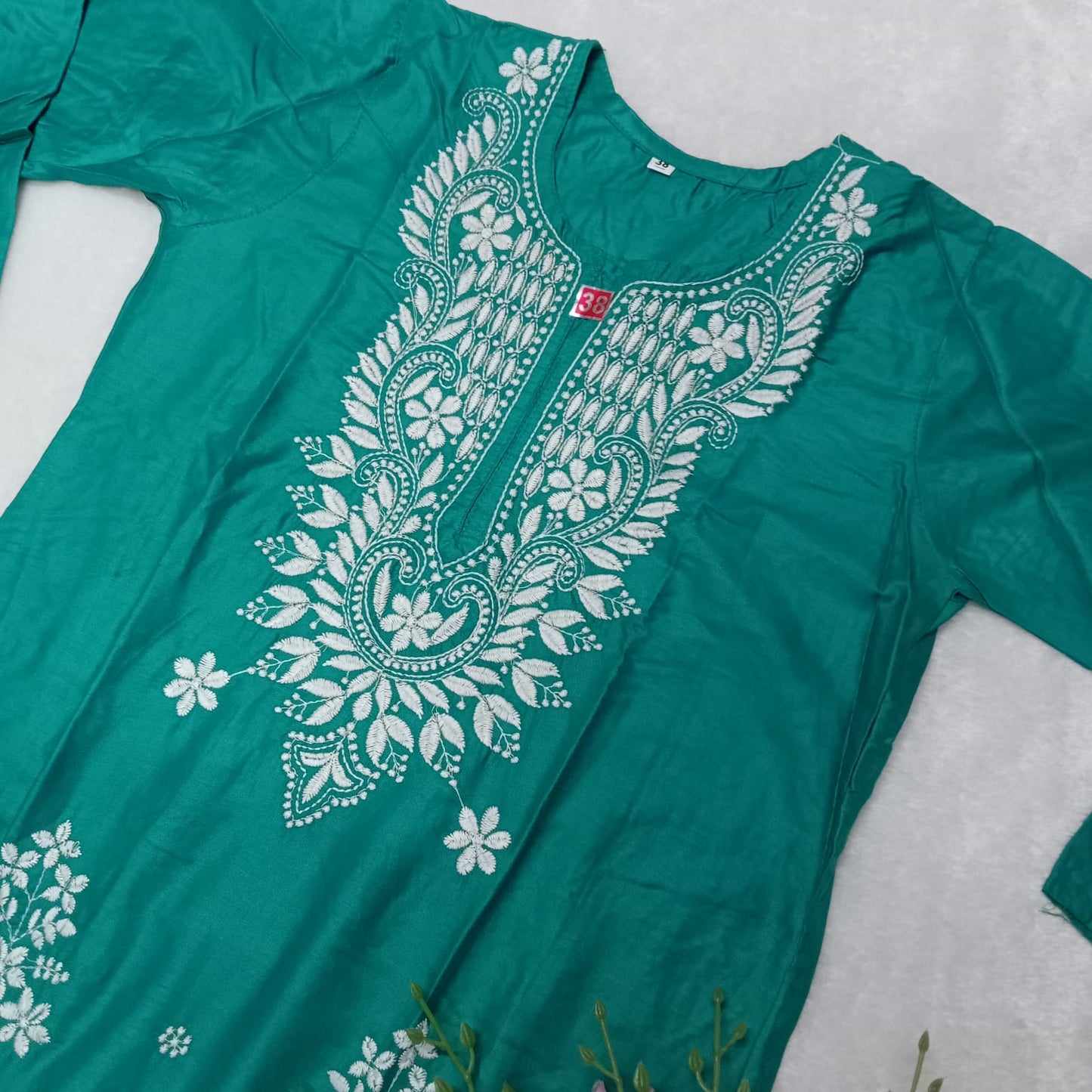 Rayon Chikankari Machine Work Kurti Plazo Set- Sea Green Colour - Chikankaar