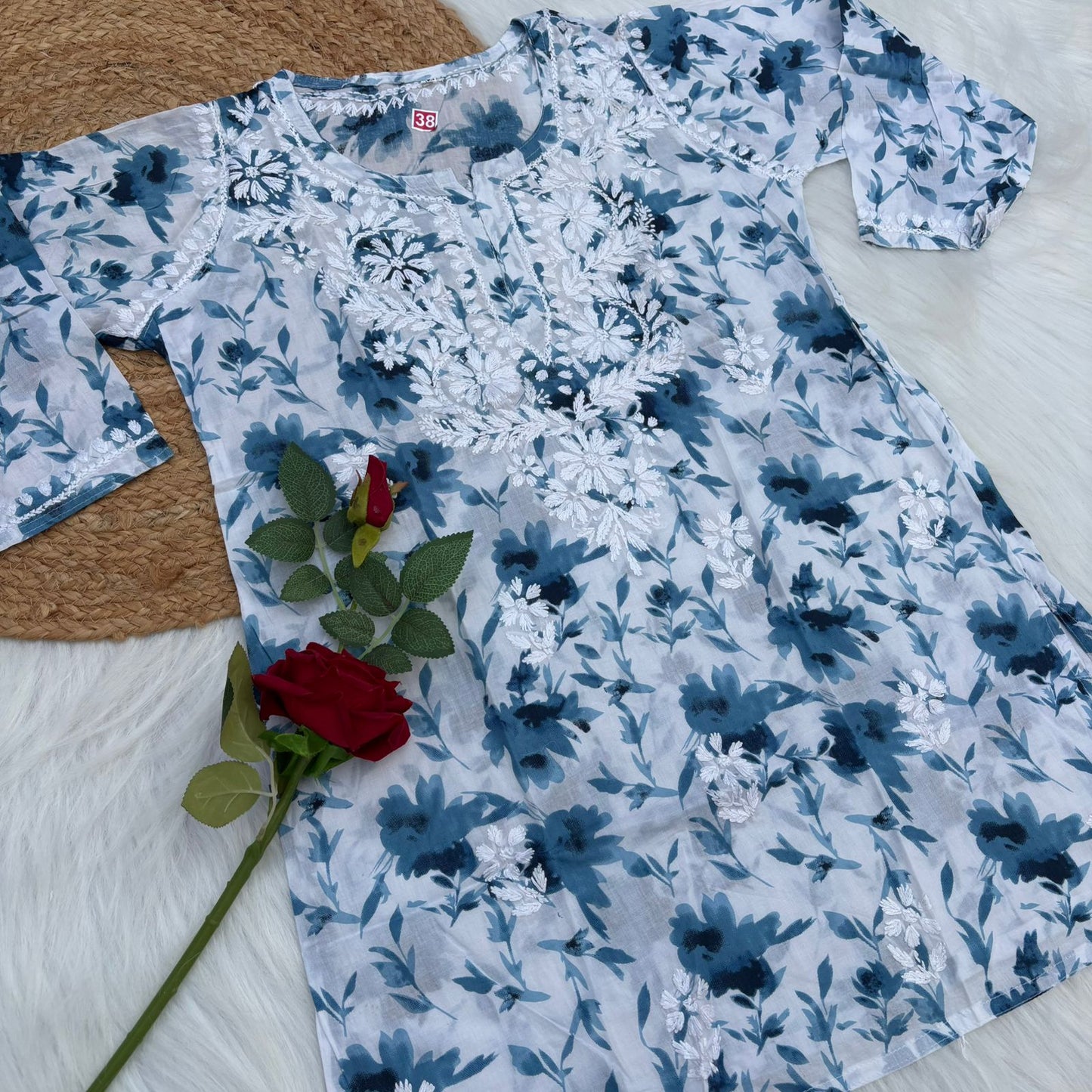 Asma Pure Mulmul Cotton Short Kurti - Blue Colour - Chikankaar