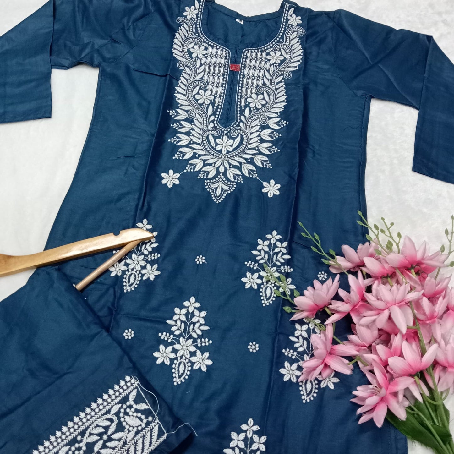 Rayon Chikankari Machine Work Kurti Plazo Set- T Blue Colour - Chikankaar