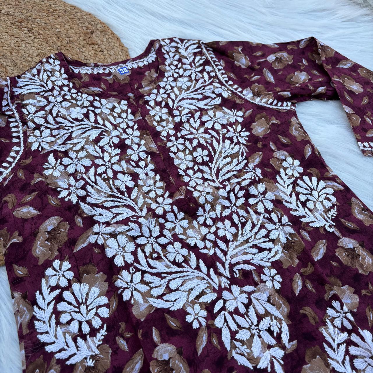 Sana Pure Mulmul Chikankari Handwork Kurti - Wine Colour