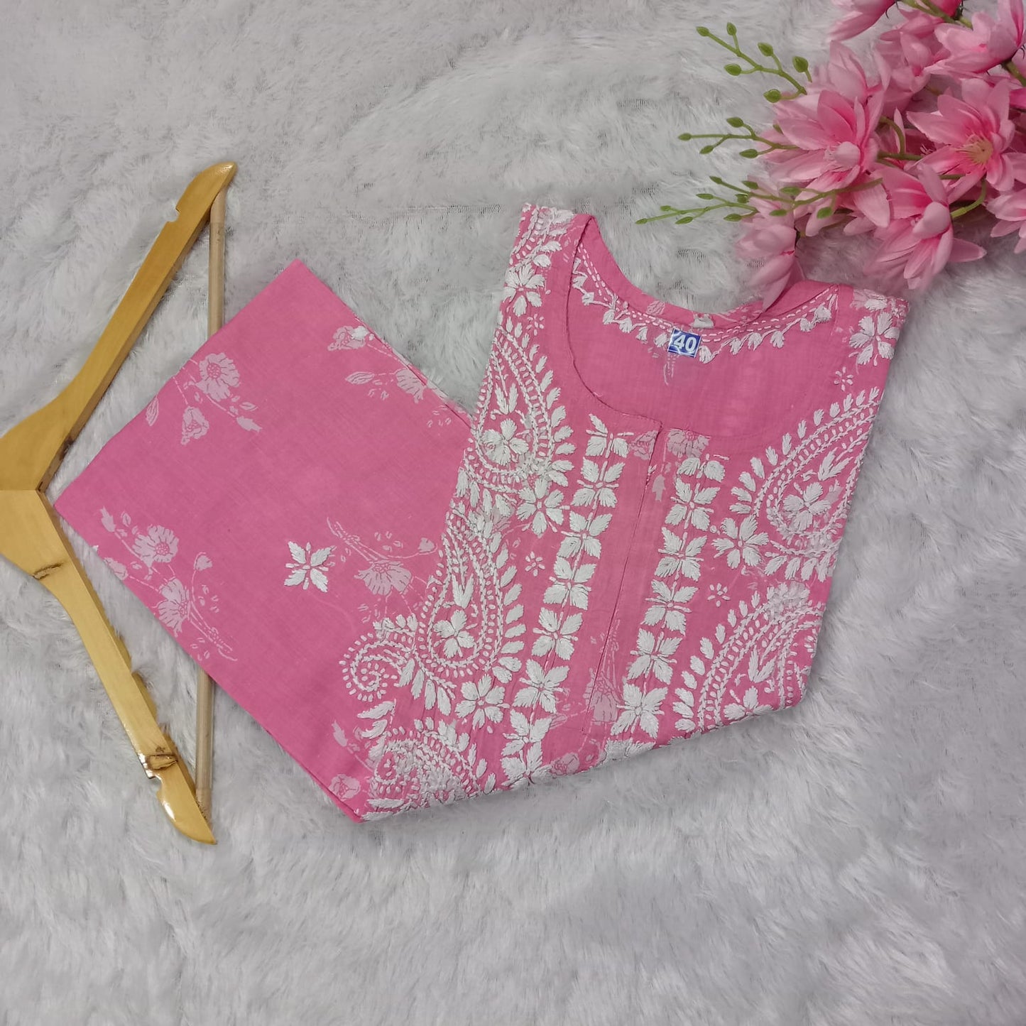 Pure Mulmul Printed Chikankari Kurti -Baby Pink - Chikankaar
