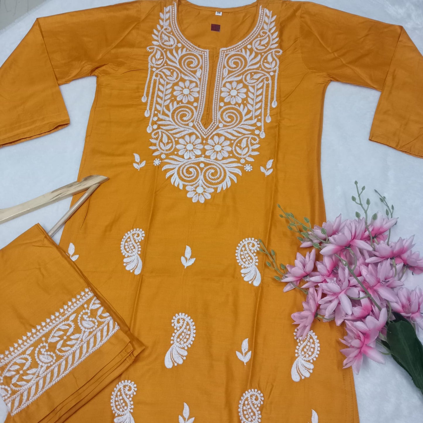 RAYON CHIKANKARI MACHINE WORK KURTI PLAZO SET- MUSTARD COLOUR - Chikankaar