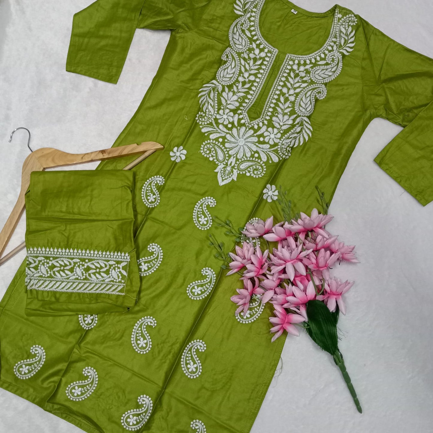 Rayon Chikankari Machine Work Kurti Plazo Set- Parrot Green Colour - Chikankaar