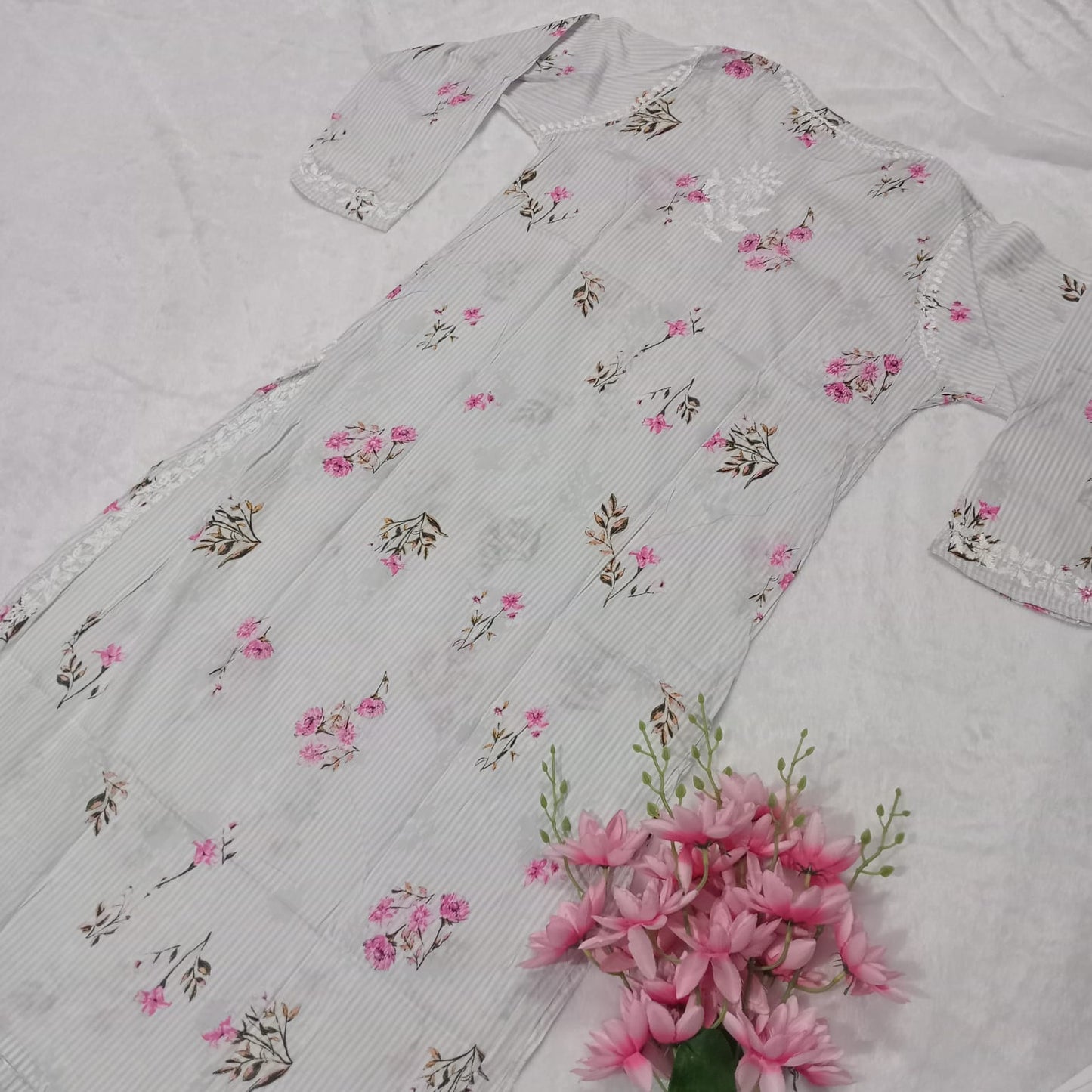 PURE MULMUL HEAVY CHIKANKARI WORK KURTI -GREY COLOUR - Chikankaar