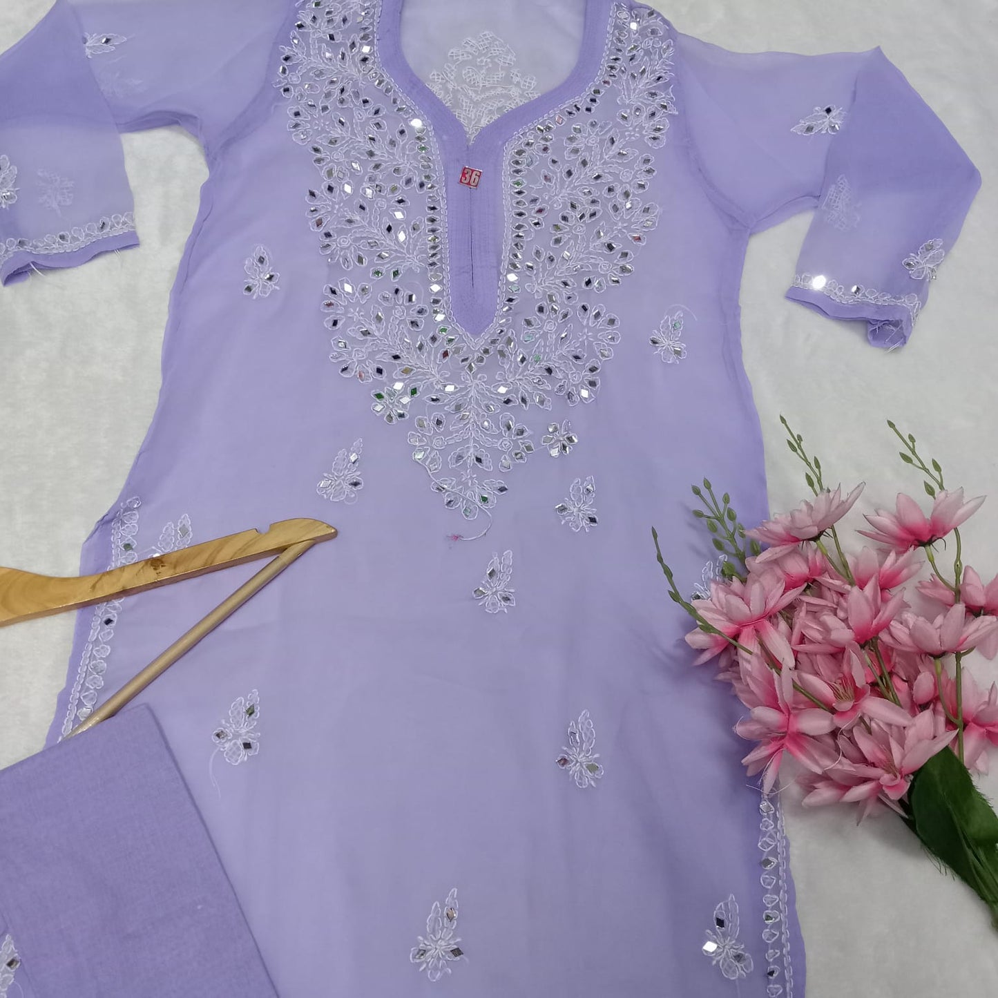 Georgette Mirror Work Chikankari Kurti With Inner -Purple Colour - Chikankaar
