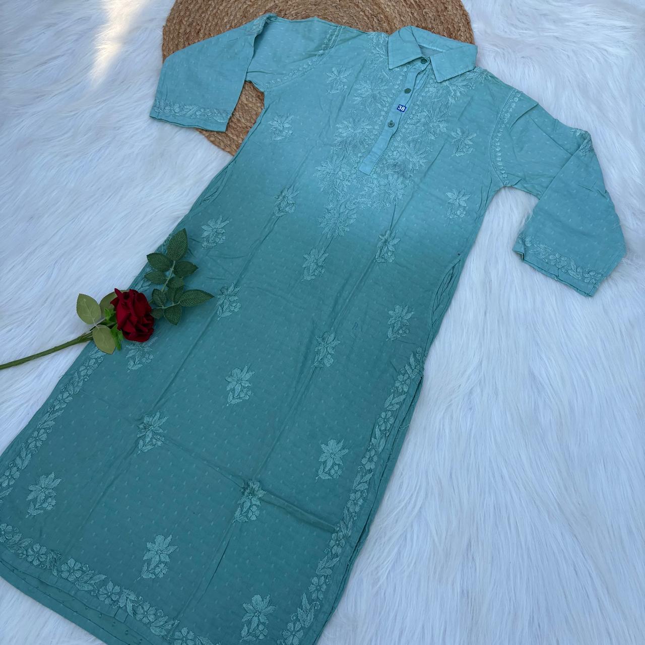 Sadia Dobby Cotton Ombre Shaded Chikankari Kurti with Collar - Rama Green Colour