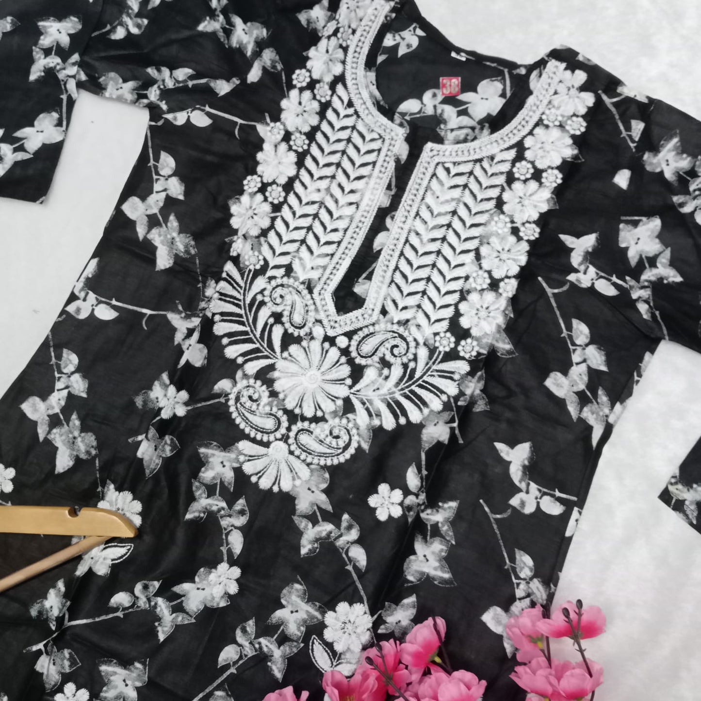 Mulmul Cotton Chikankari Machine Work Kurti - Black Colour - Chikankaar
