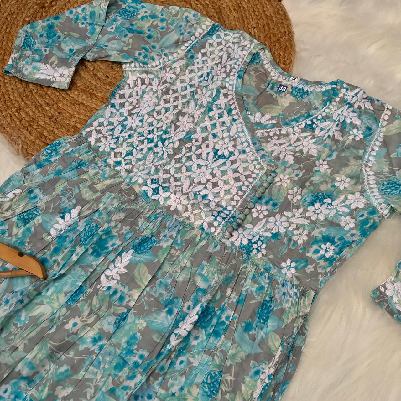 Zainab Pure Mulmul Cotton Gown - Sky Blue Colour - Chikankaar