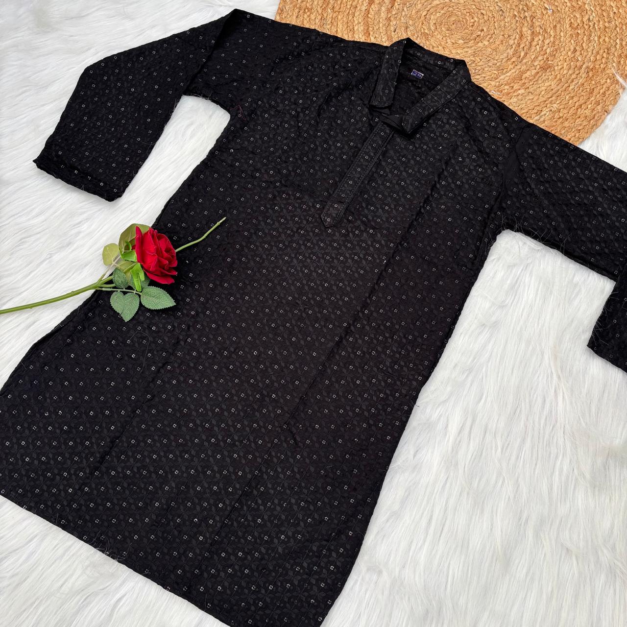 Ayaan Mens Cotton Chikankari Kurta - Black colour