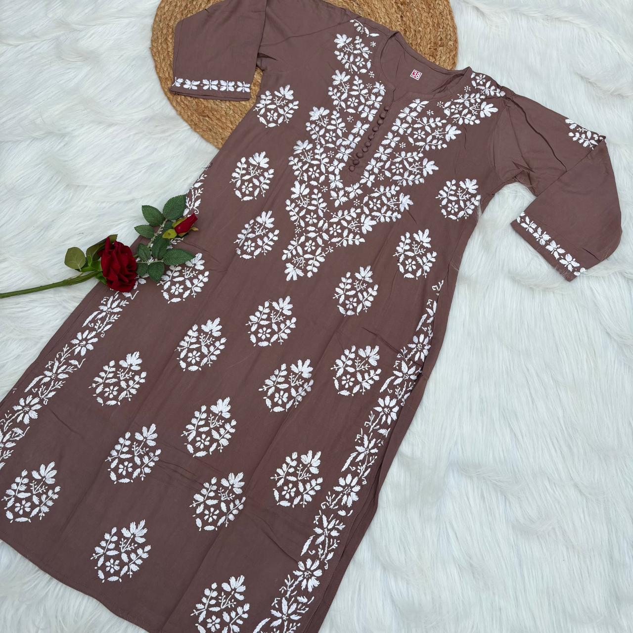Ameena Soft Rayon Chikankari Kurti - Brown Colour
