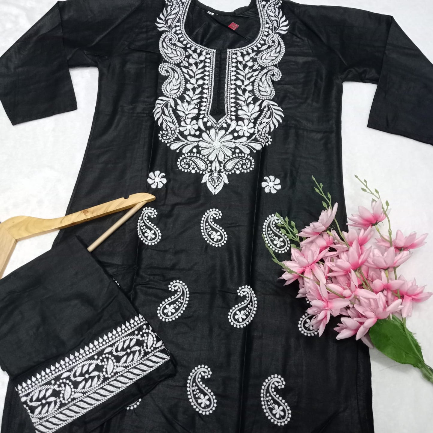 Rayon Chikankari Machine Work Kurti Plazo Set- Black Colour - Chikankaar