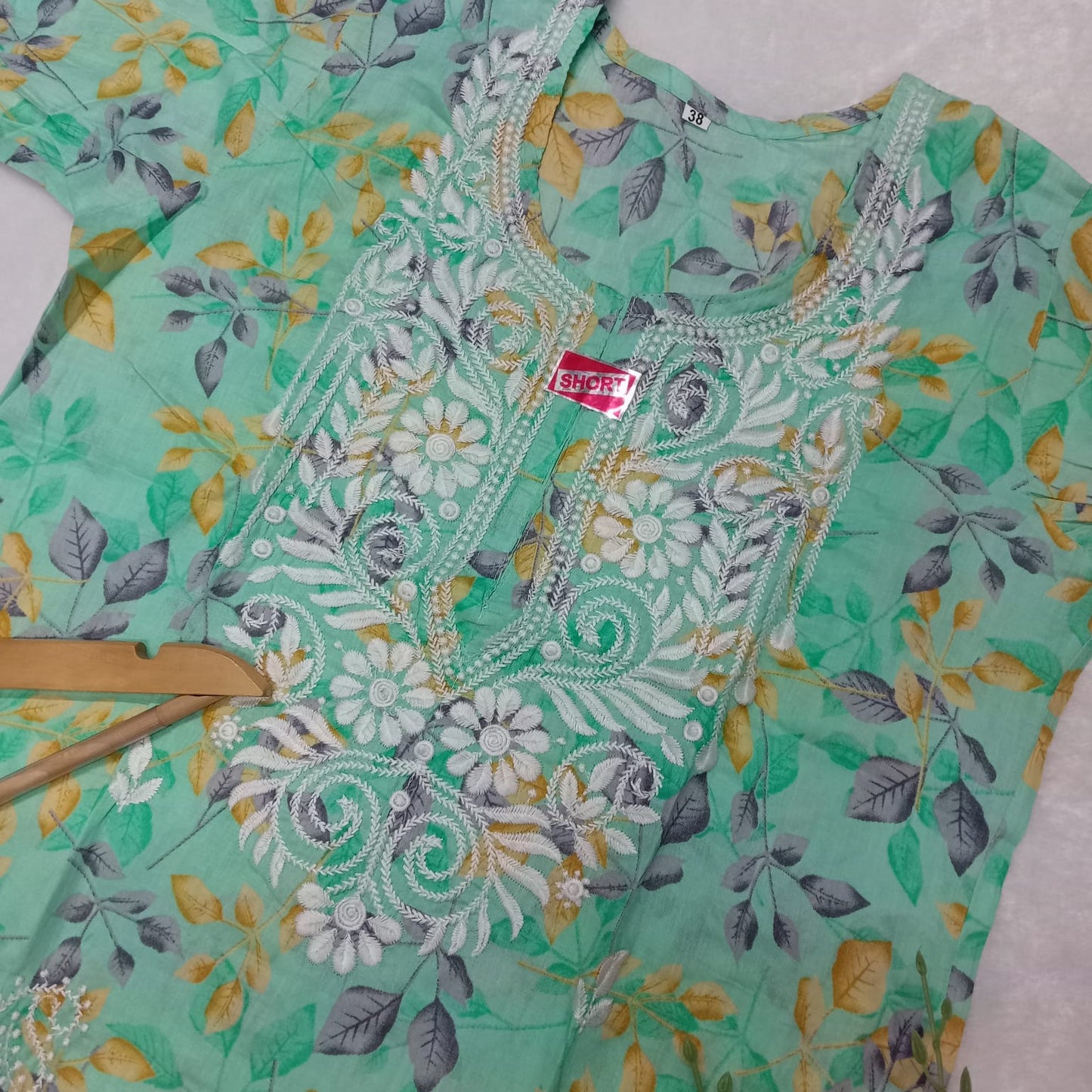 Mulmul Cotton Chikankari Short Kurti - Light Sea Green Colour
