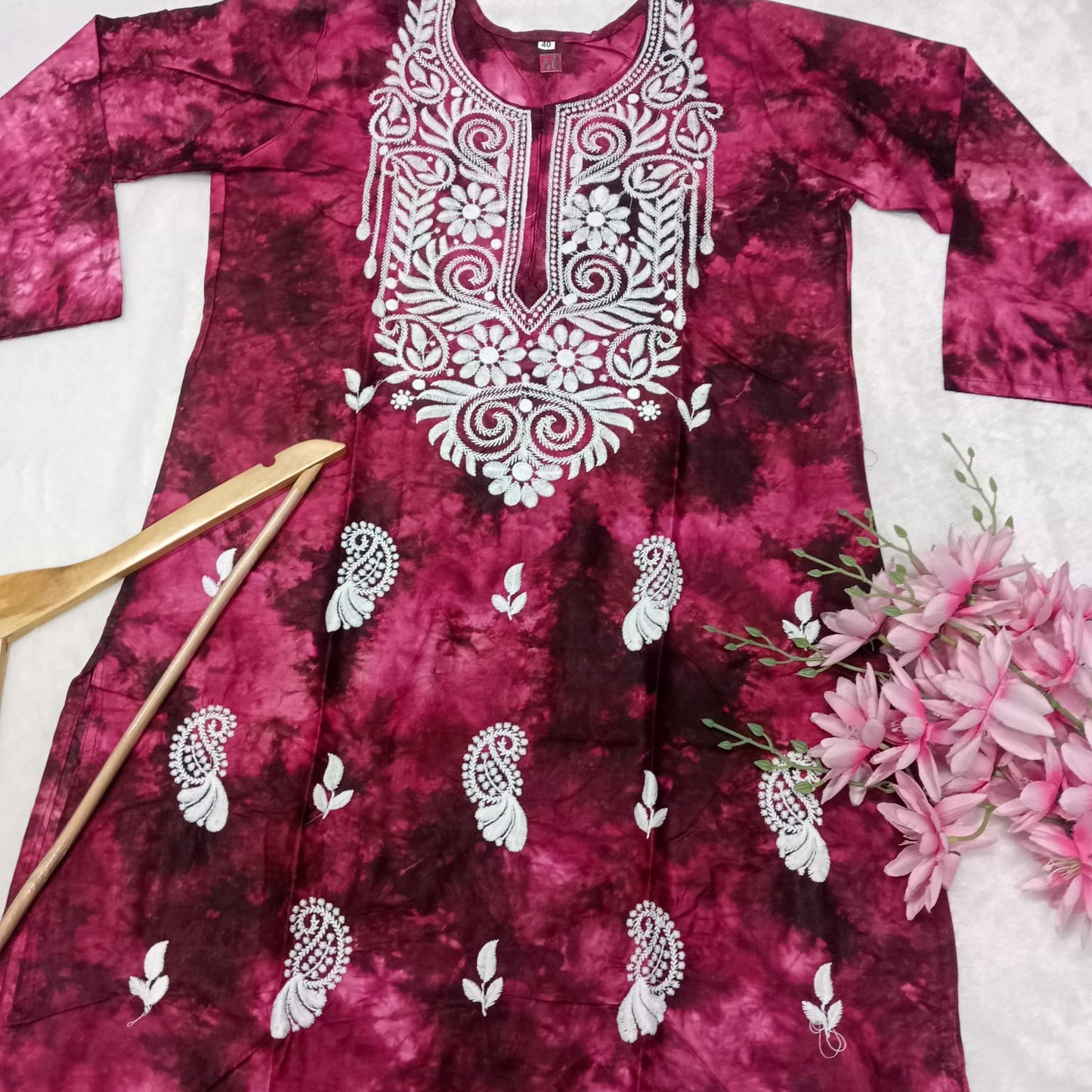 Rayon Tie & Dye Chikankari Machine Work Kurti- Magenta Colour - Chikankaar