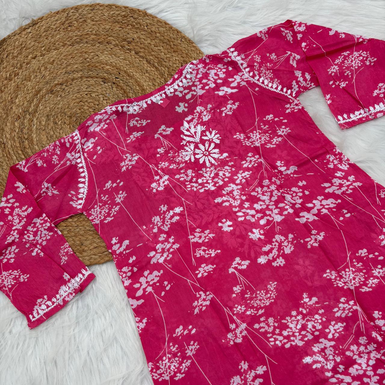 Malika Pure Mulmul Cotton Short Kurti - Pink Colour