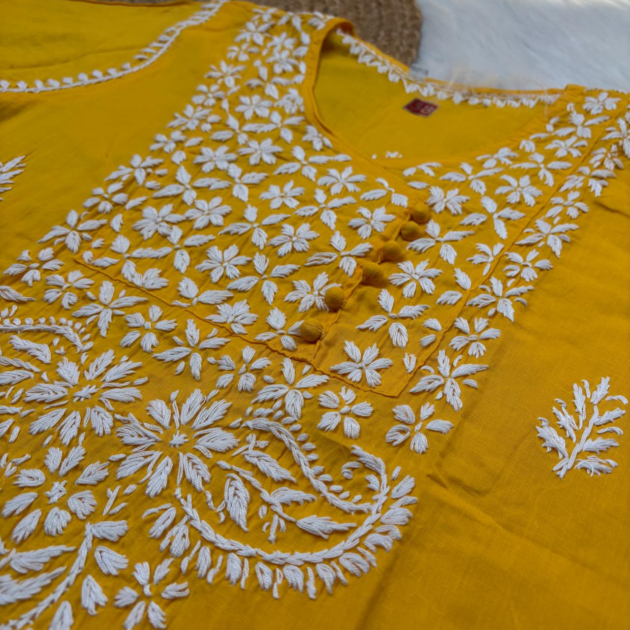 Sabeena Pure Cotton Chikankari Kurti Yellow Colour