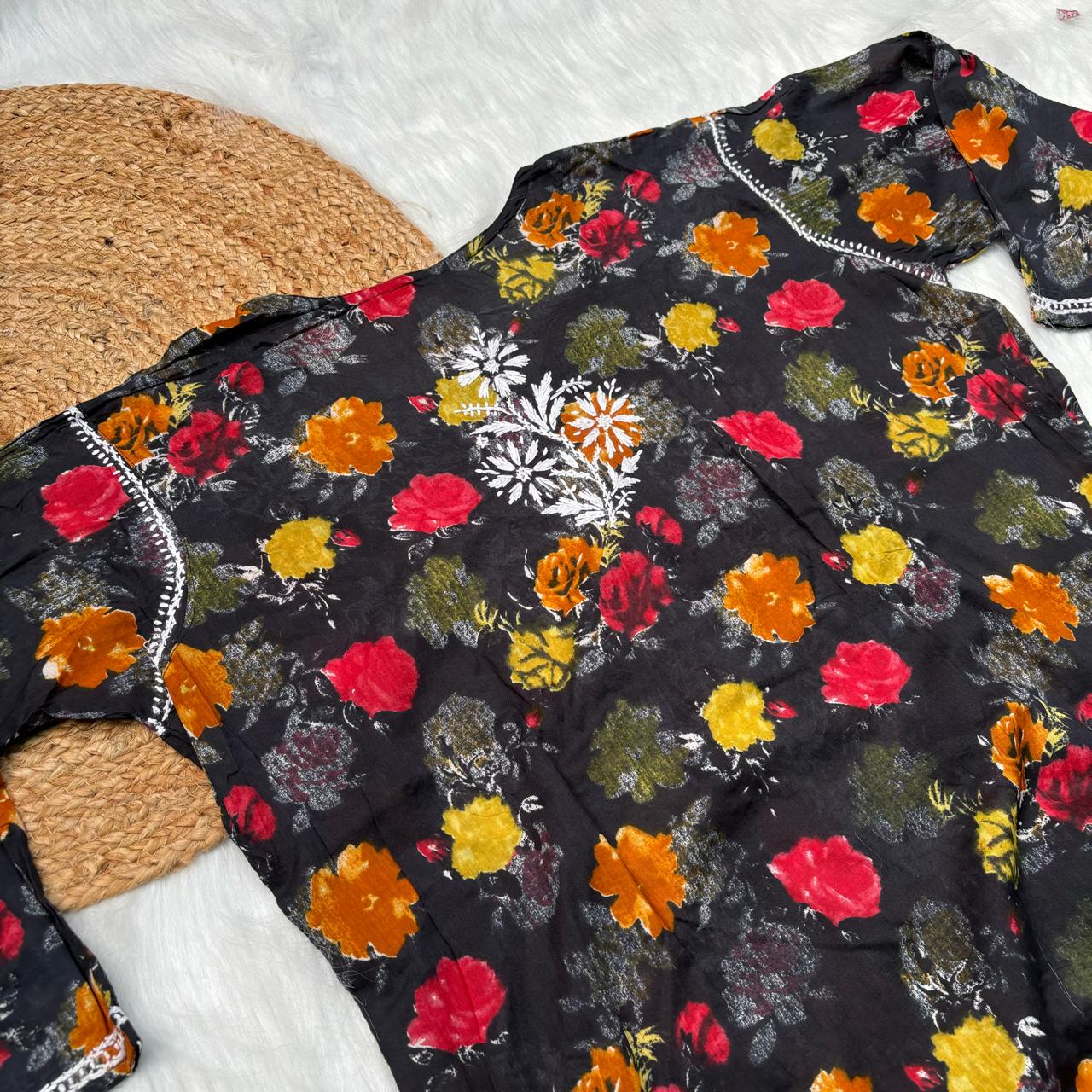 Plus size special-Dhanashree Inspired Mulmul Floral Printed Chikankari Handwork Kurti -Black Colour - Chikankaar