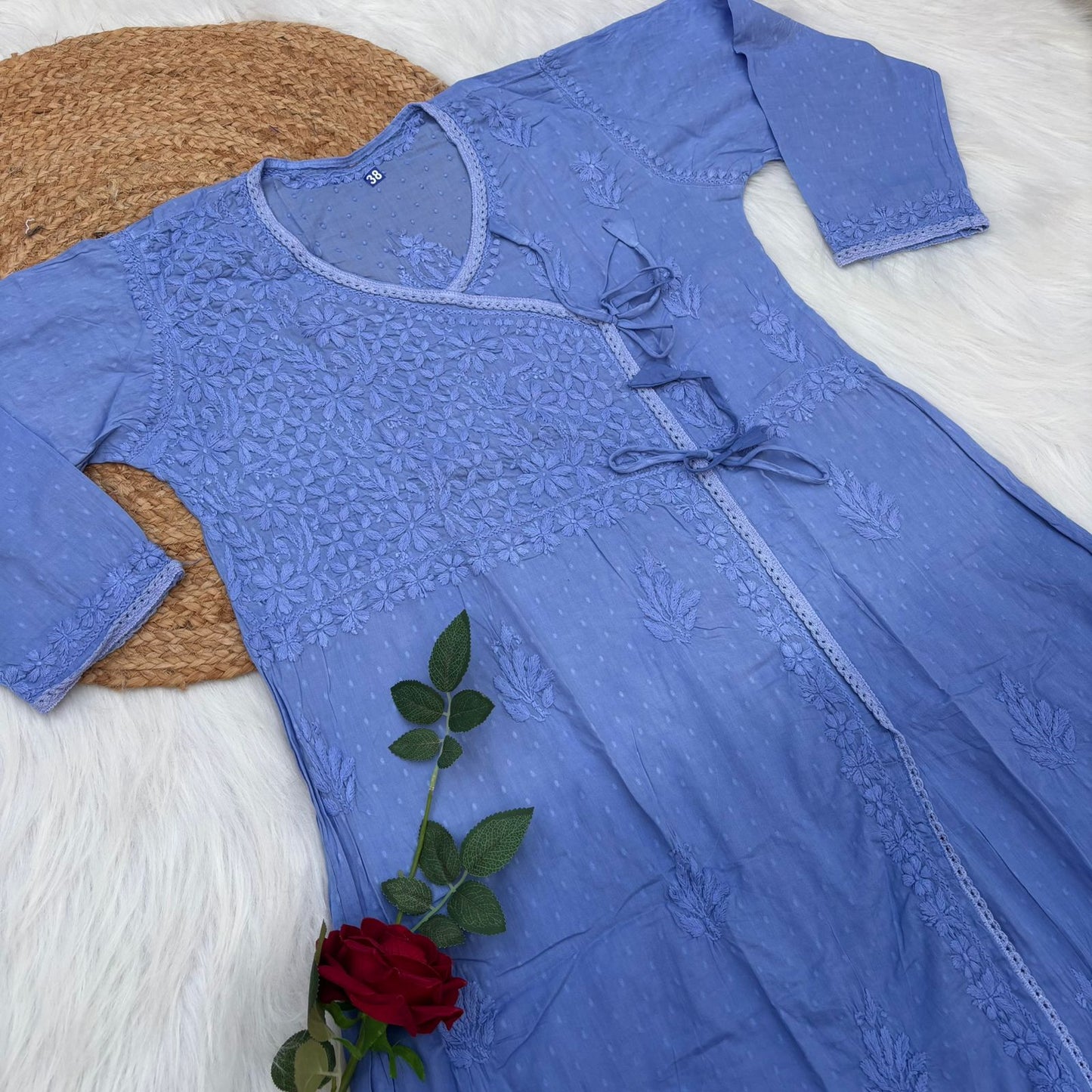 Shazia Ombre Shaded Dobby Cotton Chikankari Angarakha - Ocean Blue Colour