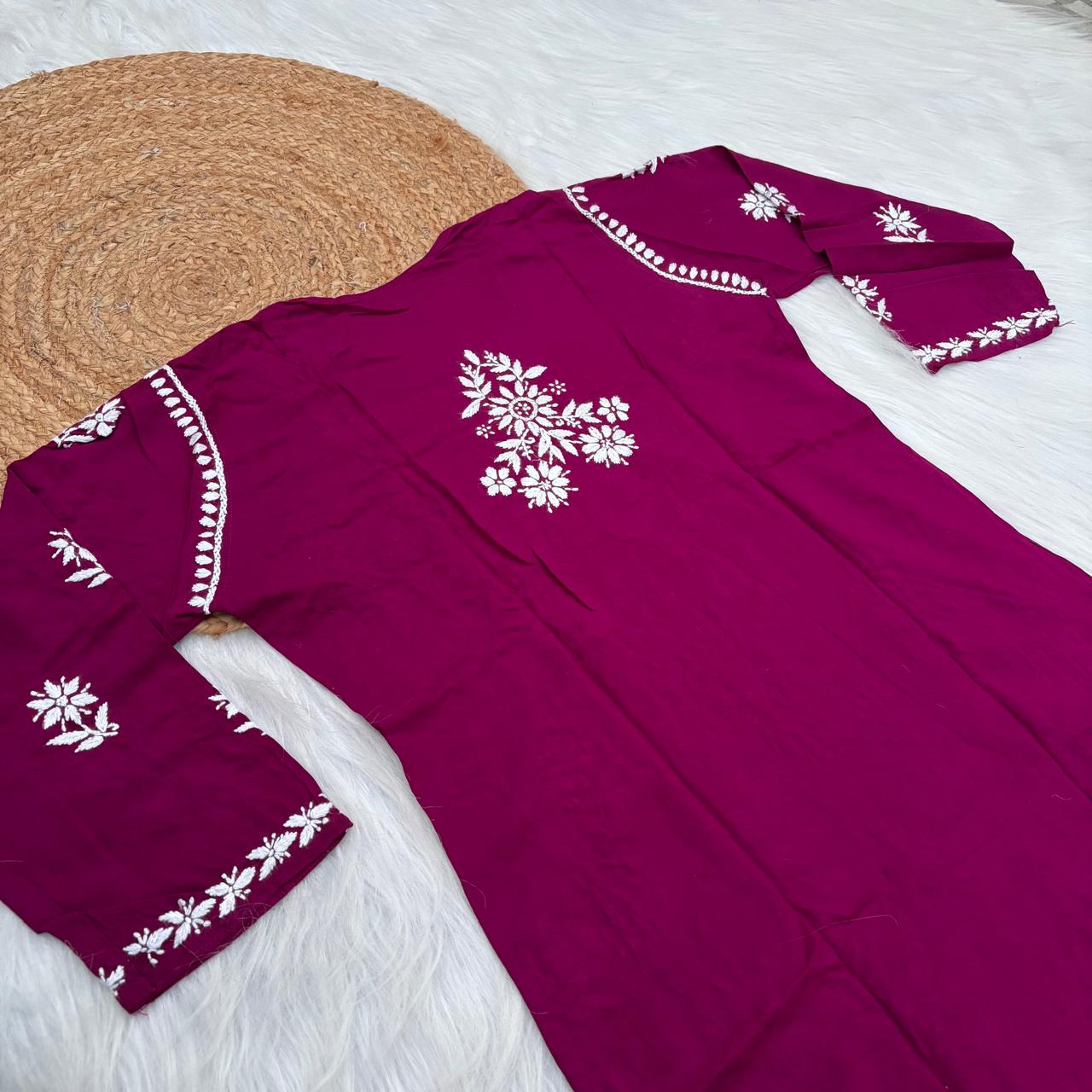 Maya Rayon Chikankari Kurti Plazo Set - Wine Colour