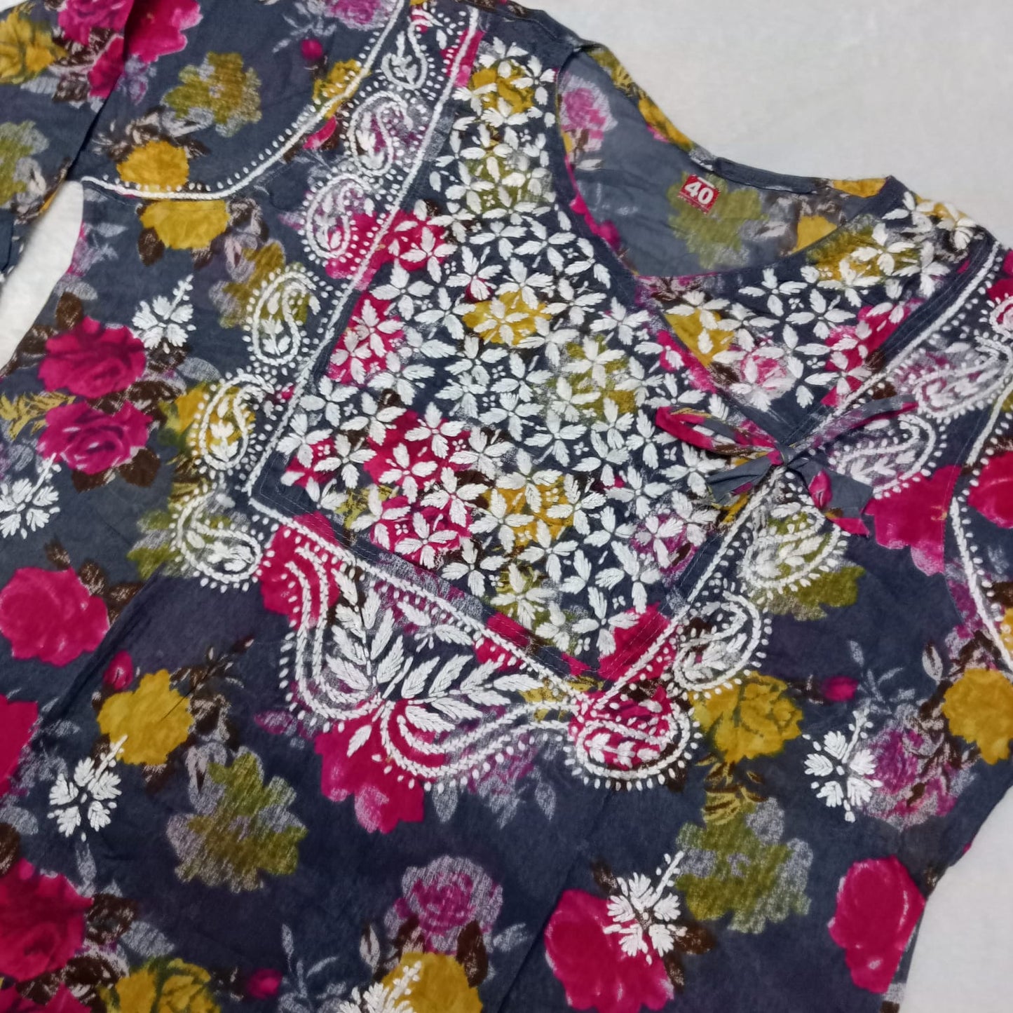 Masooma Mulmul Floral Printed Chikankari Handwork Kurti - Grey Colour - Chikankaar