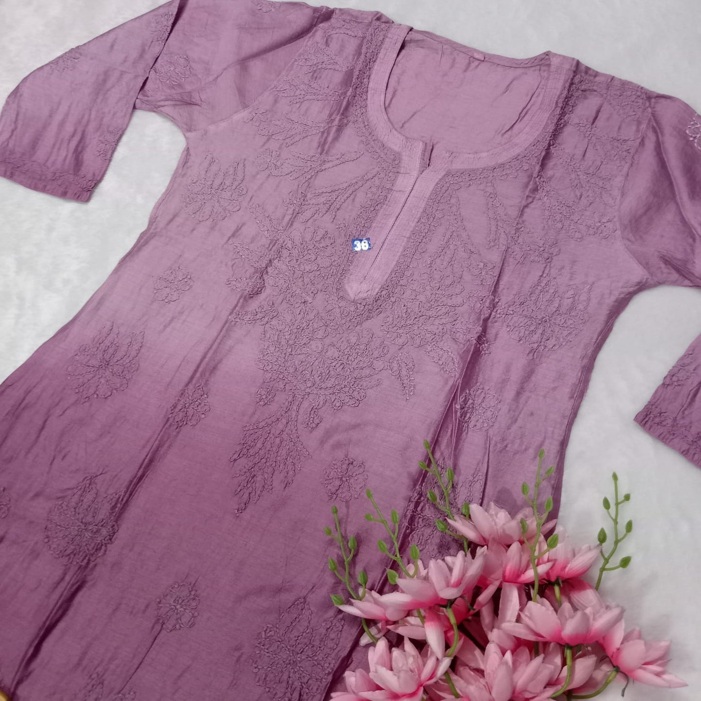 SOFT CHANDERI DUAL SHADED CHIKANKARI KURTI - WINE COLOR - Chikankaar