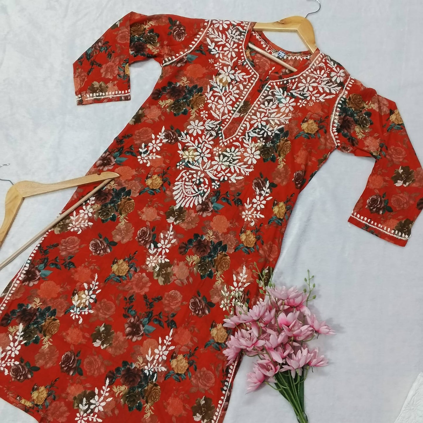 Dhanashree Inspired Mulmul Floral Printed Chikankari Handwork Kurti - Red Colour - Chikankaar