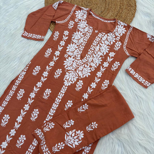 Samara Rayon Handwork Chikankari Kurti Plazo Set - Rush Orange Colour