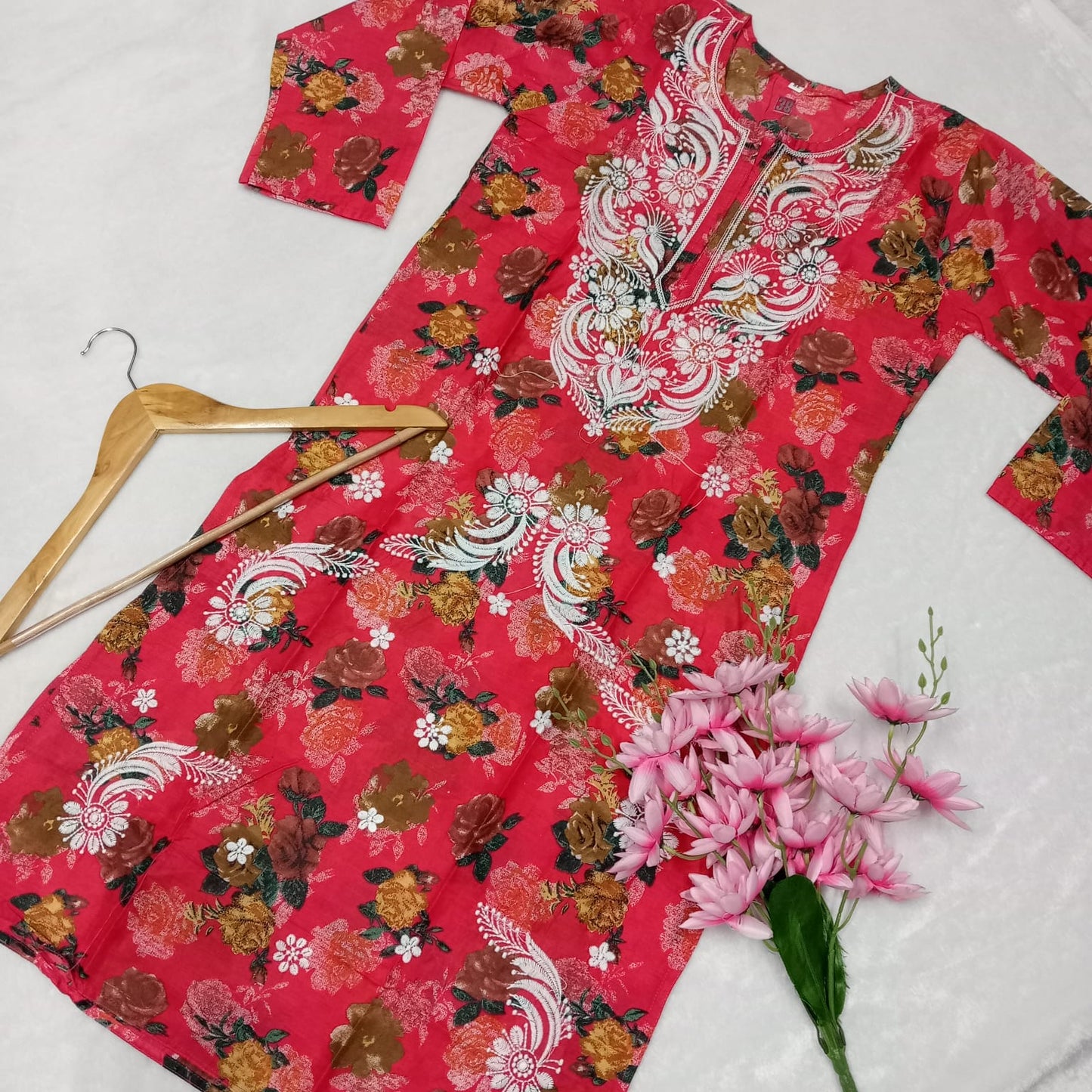 Mulmul Cotton Floral Print Chikankari Machine Work Kurti -Red Colour - Chikankaar