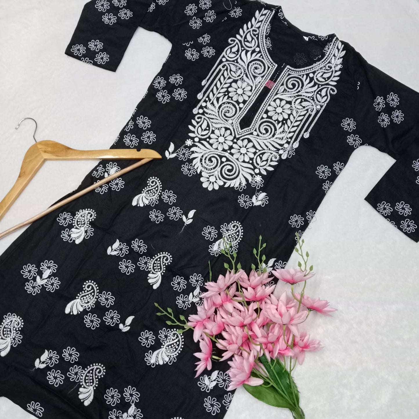 Rayon Chikankari Machine Work Kurti-Black Colour - Chikankaar