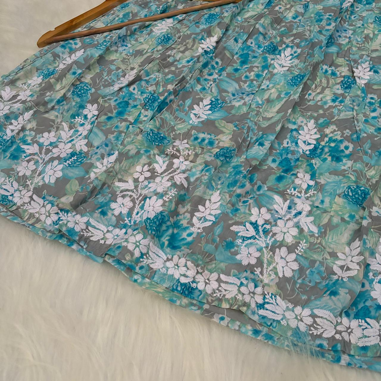 Zainab Pure Mulmul Cotton Gown - Sky Blue Colour - Chikankaar