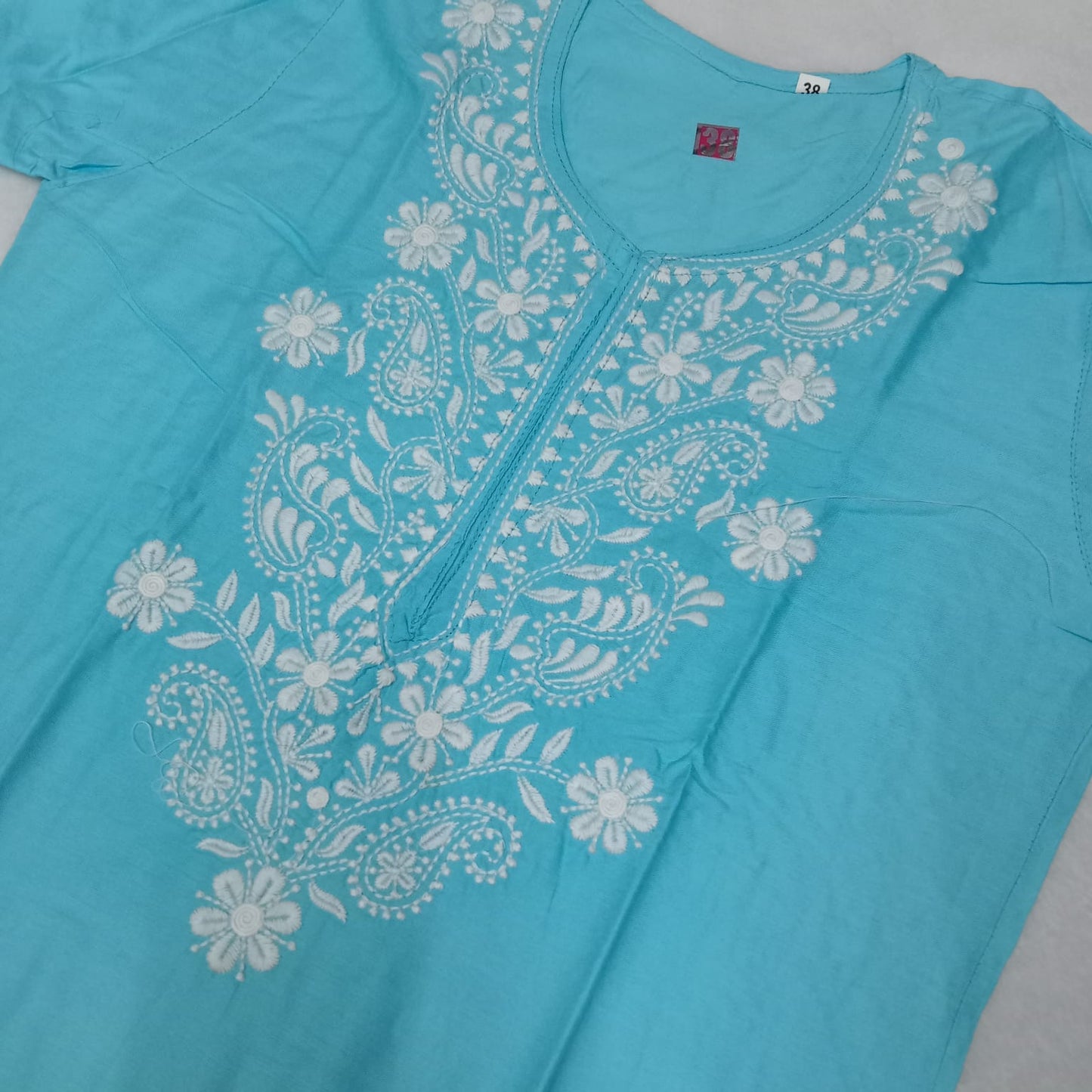 RAYON CHIKANKARI MACHINE WORK KURTI PLAZO SET-SKY BLUE COLOUR - Chikankaar