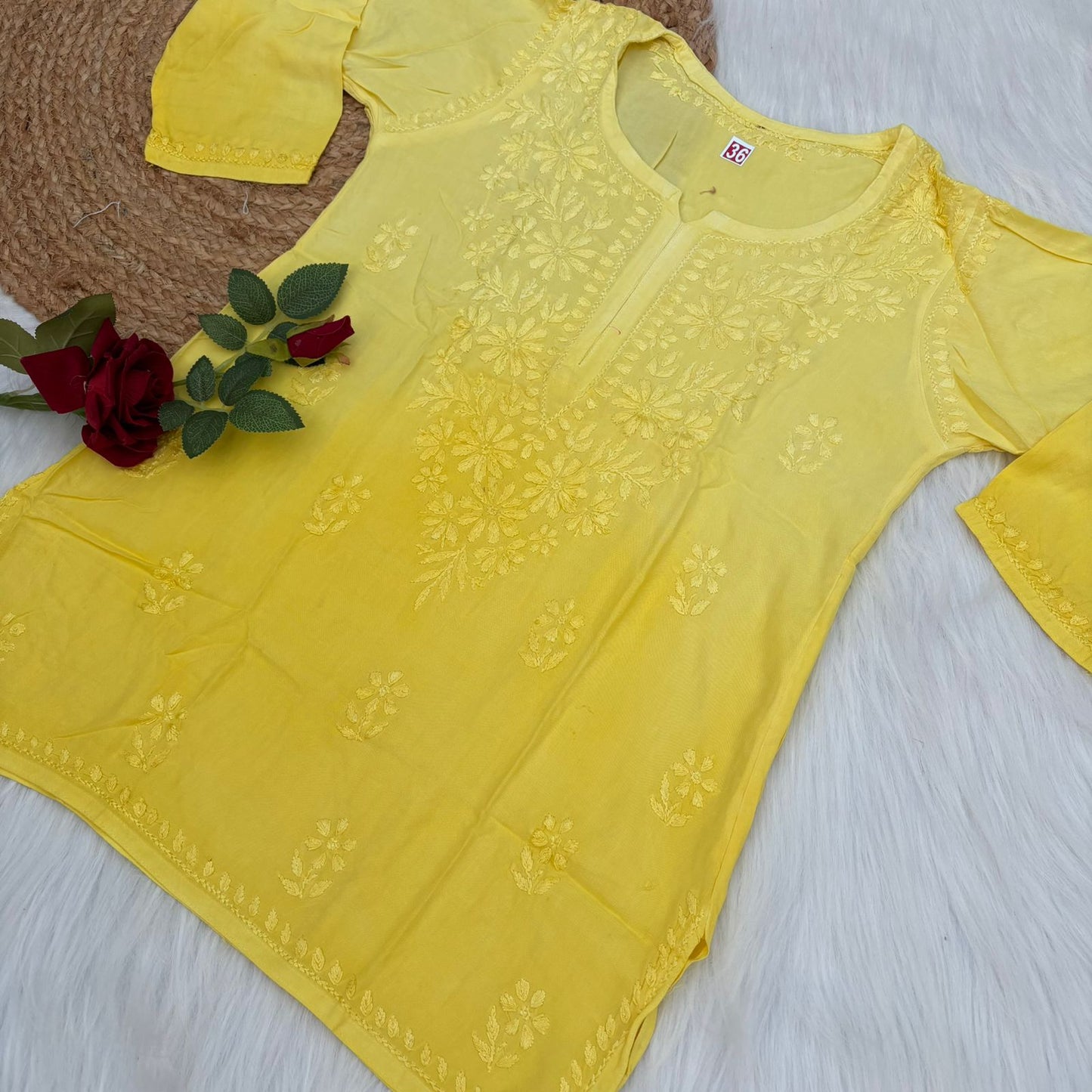 Sofia Ombre Shaded Soft Rayon Chikankari Short Kurti - Yellow Colour - Chikankaar