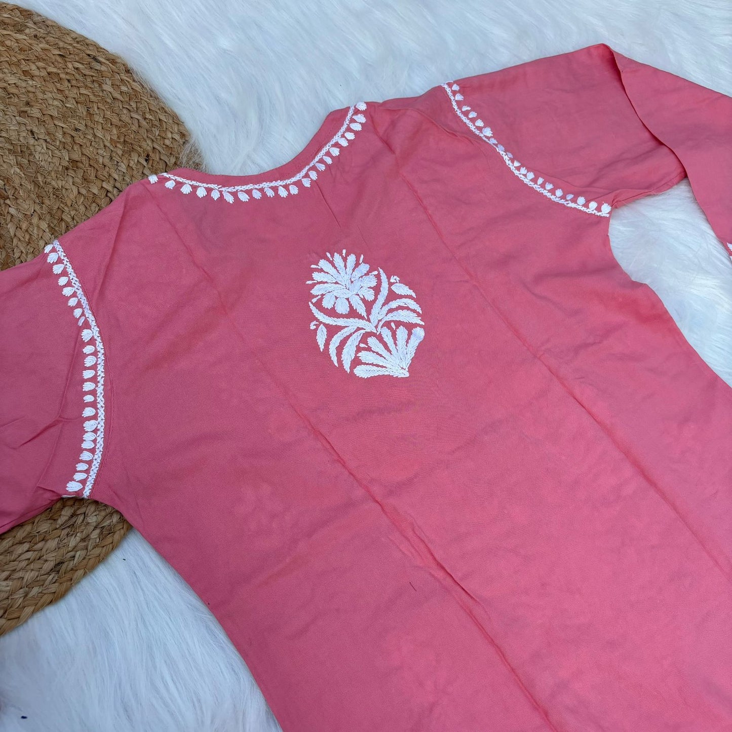 Hiba Soft Rayon Chikankari Kurti - Peach Colour - Chikankaar