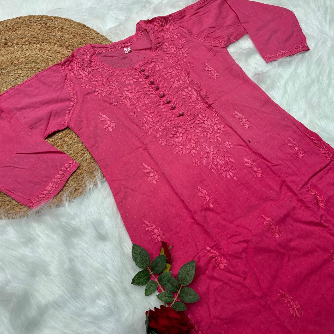 Adaah Ombre Shaded Dobby Cotton Chikankari Kurti - Gazri colour - Chikankaar