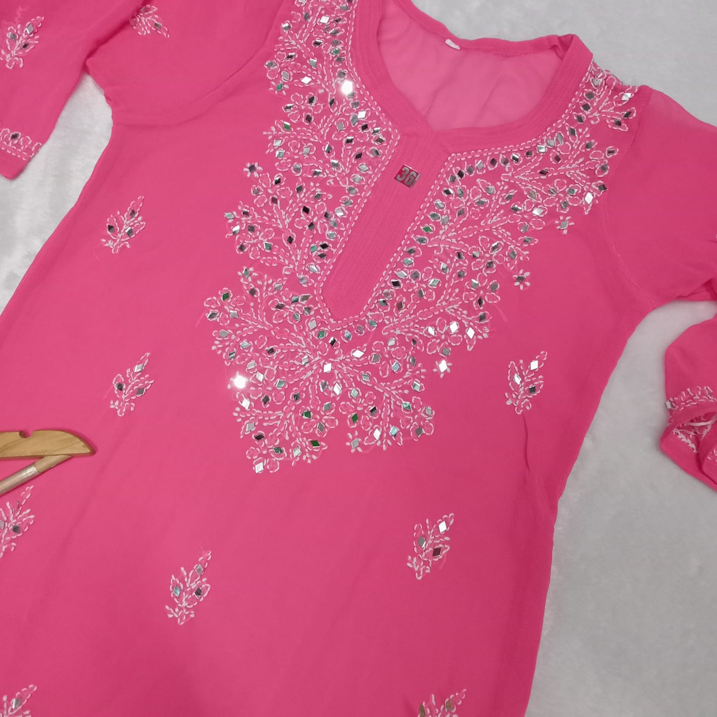Georgette Mirror Work Chikankari Kurti With Inner - Rani Colour - Chikankaar