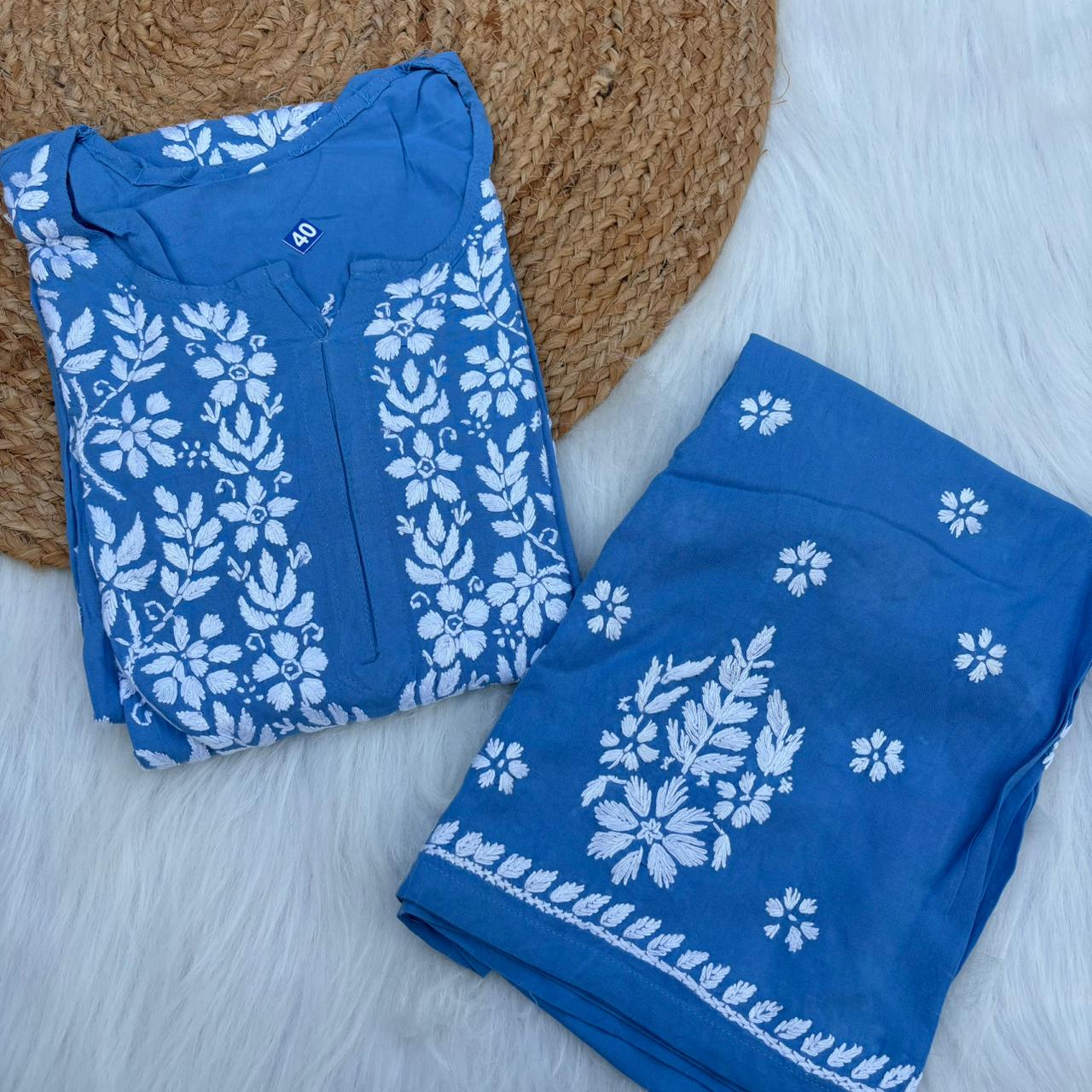 Jannat Soft Rayon Chikankari Kurti Plazo Set - Blue colour - Chikankaar