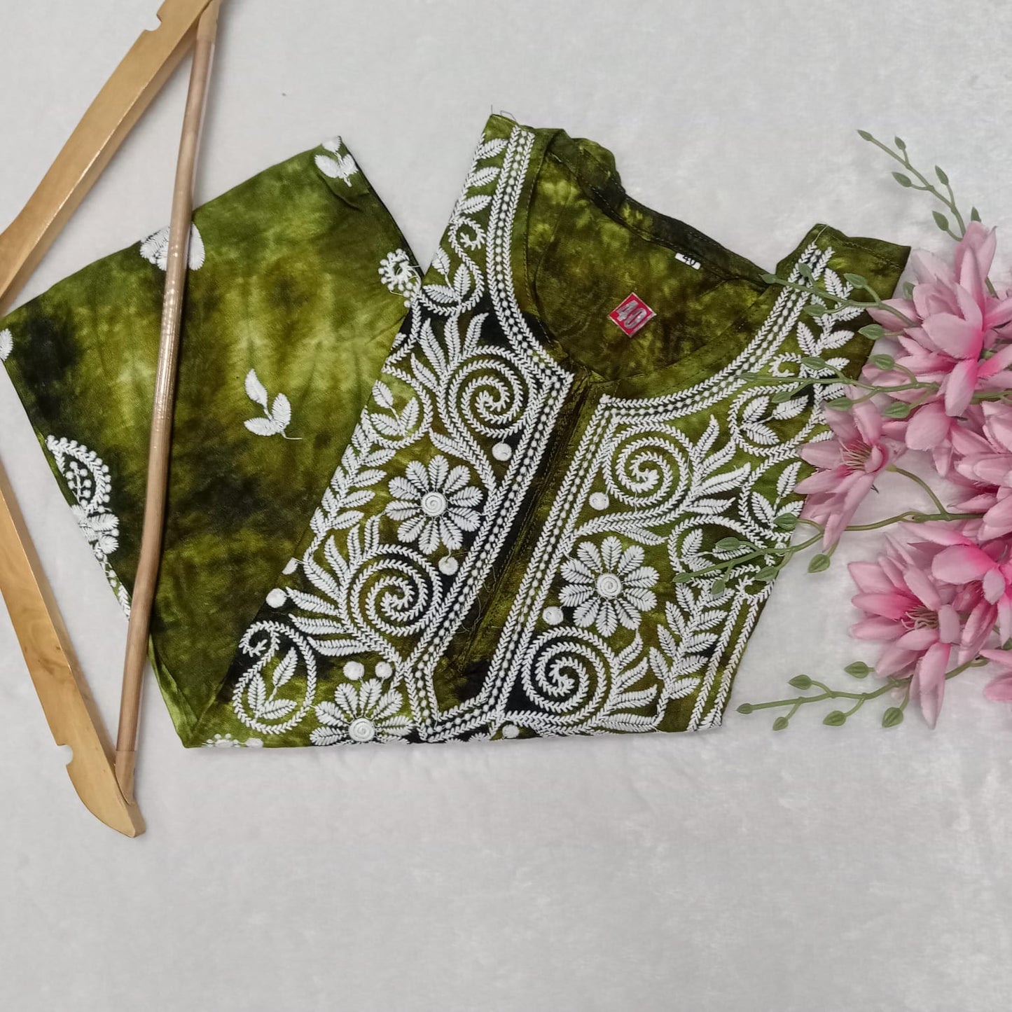 Rayon Tie & Dye Chikankari Machine Work Kurti- Parrot Green Colour - Chikankaar