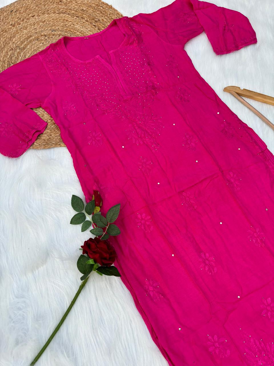Rakul Preet Inspired Chikankari Muslin Kurti with Mukaish Work - Rani Colour - Chikankaar