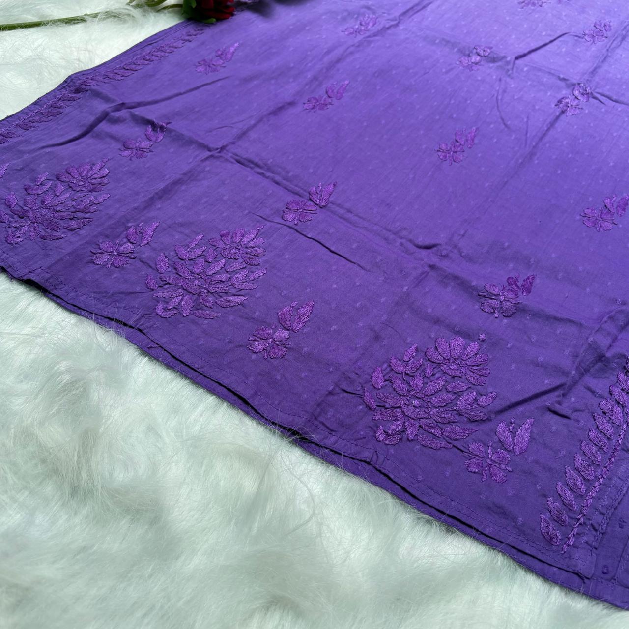 Adaah Ombre Shaded Dobby Cotton Chikankari Kurti - Purple - Chikankaar