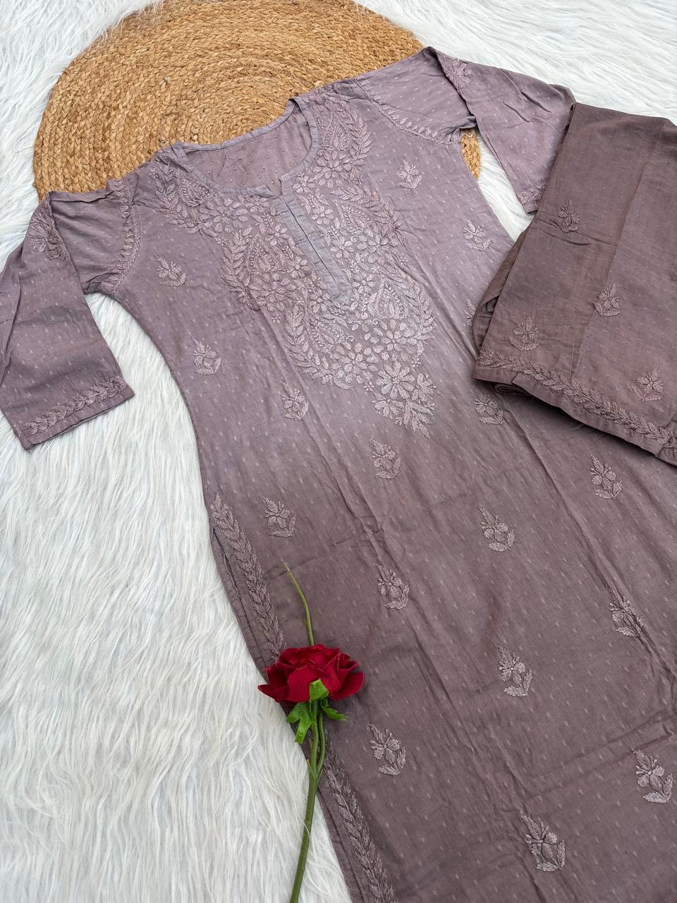 Nuha Dobby cotton Ombre shaded Lucknowi Chikankari Kurti Plazo Set - Light Brown Colour