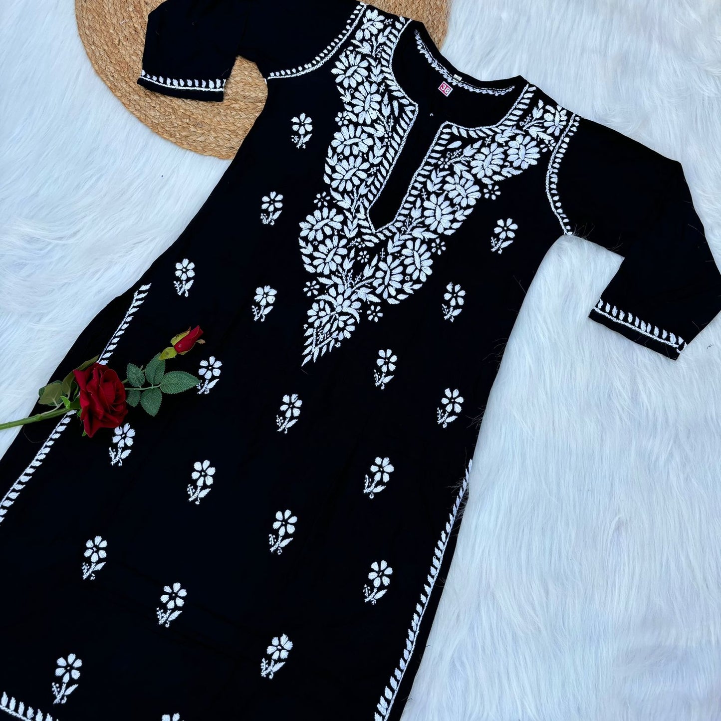 Hiba Soft Rayon Chikankari Kurti - Black Colour - Chikankaar