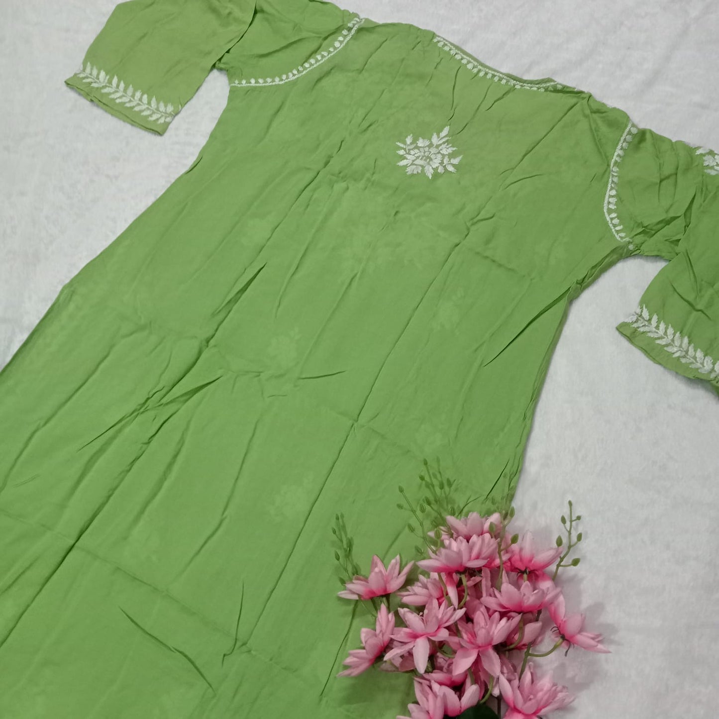 PREMIUM ROSE MODAL SILK CHIKANKARI KURTI - PARROT GREEN COLOUR - Chikankaar