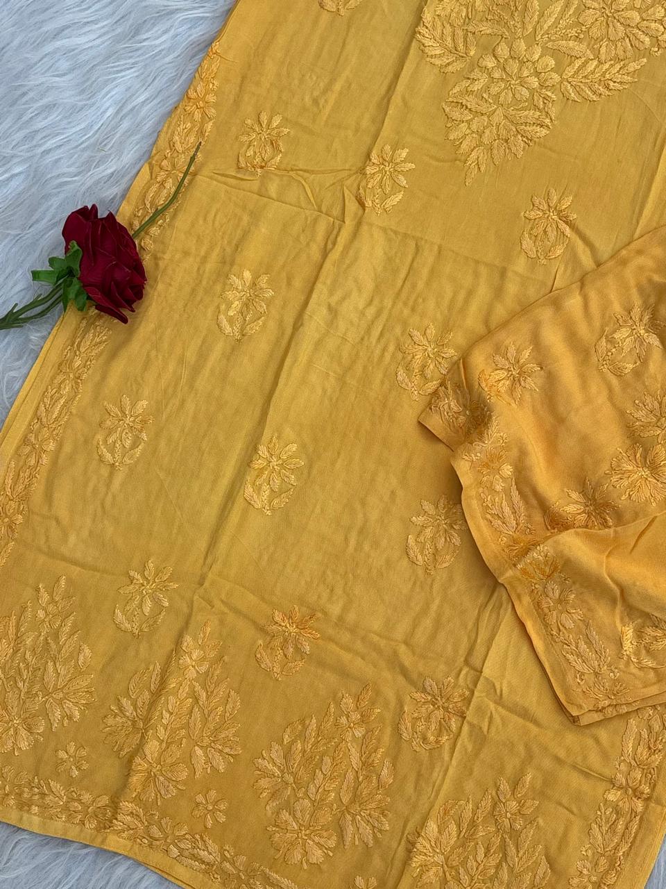 Azra Soft Rayon Dyeable Handwork Chikankari kurti Set - Yellow Colour