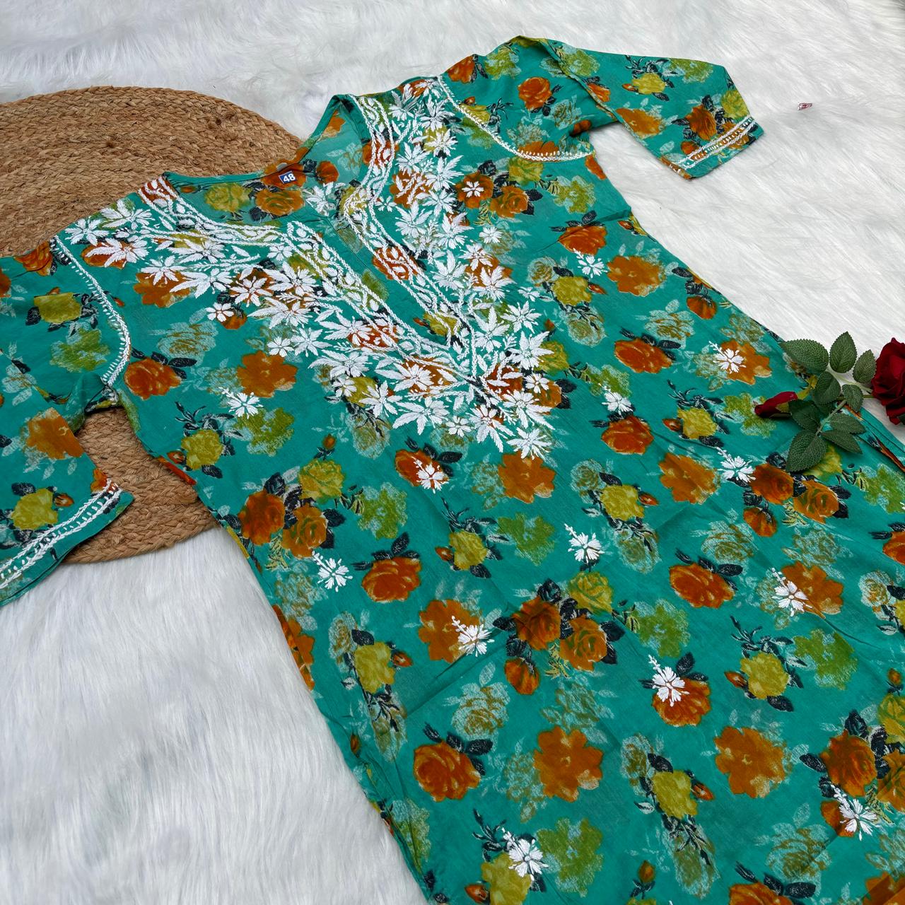 Plus size special-Dhanashree Inspired Mulmul Floral Printed Chikankari Handwork Kurti -Sea Green Colour - Chikankaar