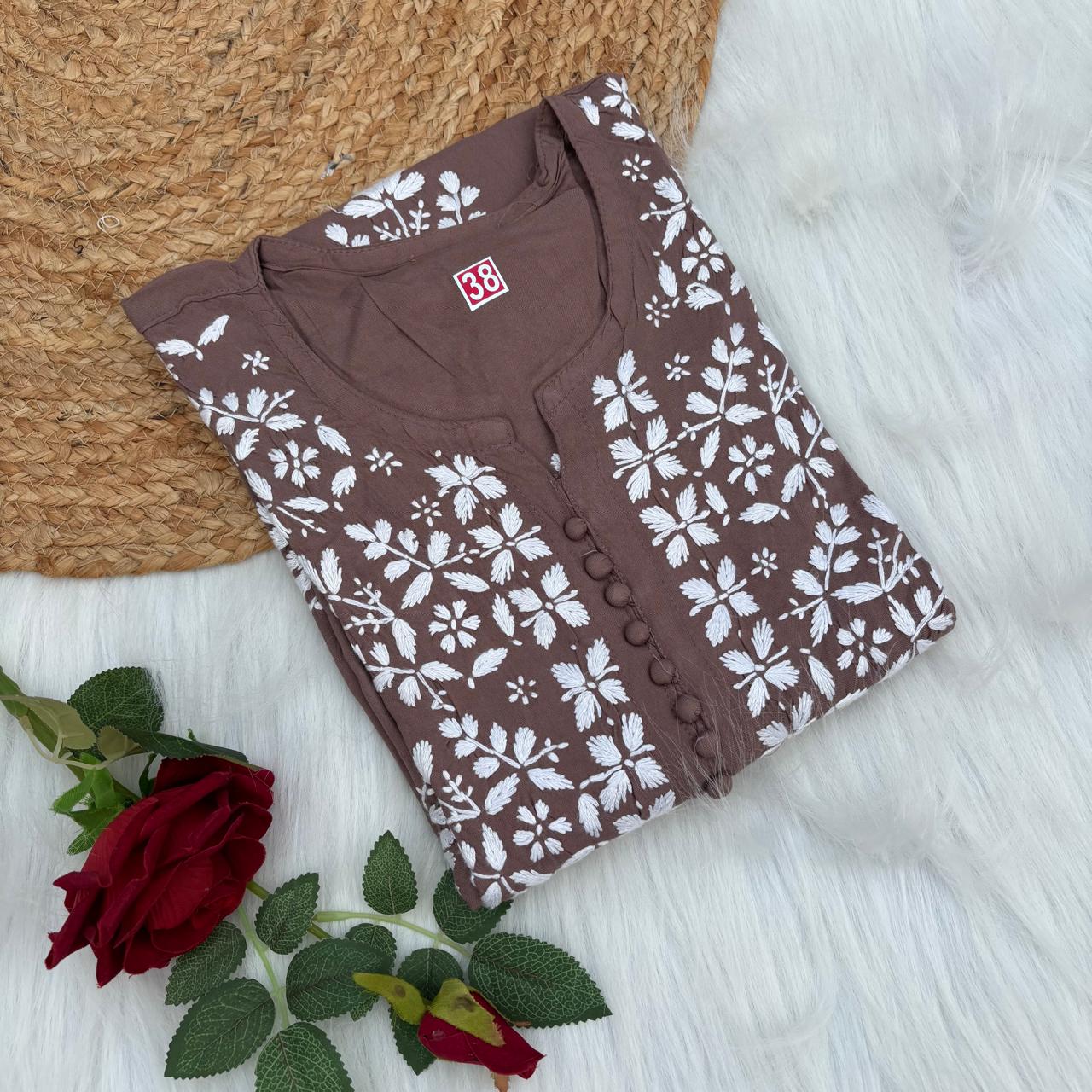 Ameena Soft Rayon Chikankari Kurti - Brown Colour
