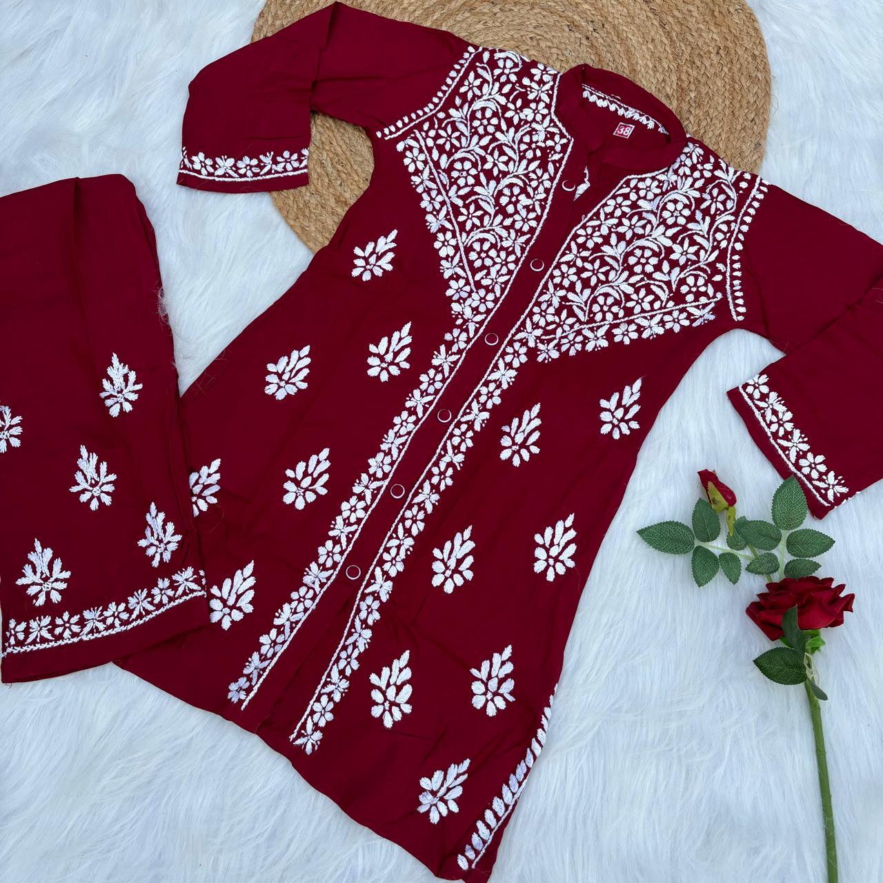 Rihana Rayon Chikankari Short Kurti Plazo Coord Set - Maroon colour - Chikankaar